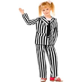 Haysandy Kids Black and White Striped Suit Include Open Front Striped Blazer Leggings Length Pant with Tie for Halloween
