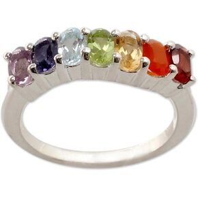 NOVICA Artisan Handmade Multigemstone Chakra Ring .925 Sterling Silver Jewelry Garnet Carnelian Citrine Peridot Iolite Band Cocktail India Birthstone 'Positivity'