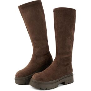 Putu Women's Platform Knee High Boots, Comfortable Faux Suede Chunky Block Heel Boots Round Toe Pull On Long Boots