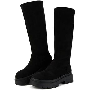 حذاء Putu نسائي طويل حتى الركبة، مريح من جلد الغزال الصناعي وكعب مكتنز ومقدمة مستديرة وسحب على الأحذية الطويلة in Kuwait