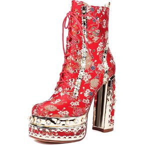 Feinlina RedEmbroidered Fabric Gemstones Platform Chunky Block High Heels Ankle Boots Closed Toe Dress Wedding Party Booties