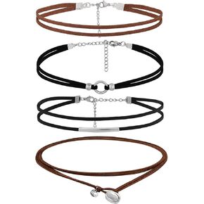 4 Pcs Necklaces Black Leather Choker Set, Classic Gothic Chokers, Boho Necklaces, Adjustable Brown Suede Layered Leather Necklace for Women