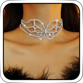 JEAIRTS Layered Butterfly Choker Rhinestone Necklace Jewelry Silver Sparkly Crystal Chokers Bling Diamond Chain Prom Necklace for Women