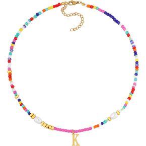 Sacina Trendy Initial Letter Necklace, Colorful Beaded Choker Necklace, Imitation-Pearl Necklace, Summer Necklace, Beach Necklace, Y2k Necklace, Christmas Jewelry Gift for Women