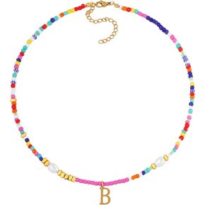 Sacina Trendy Initial Letter Necklace, Colorful Beaded Choker Necklace, Imitation-Pearl Necklace, Summer Necklace, Beach Necklace, Y2k Necklace, Christmas Jewelry Gift for Women