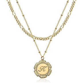 Fettero Gold Layered Initial Necklaces for Women, 14K Gold Plated Retro Circular Letter Dainty Figaro Chain Choker Necklace Personalized Jewelry Birthday Gift for Women Letter L