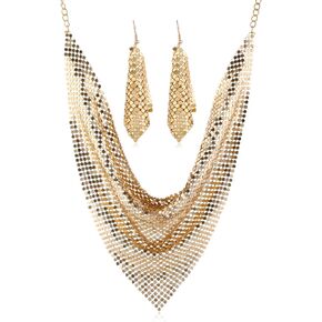 COLORFUL BLING Thick Sequins Tassel Choker Necklace Chunky Fringe Pyramid Bib Stetement Necklace Sequins Collar with Tassel Earrings Jewelry Set