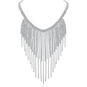 HZMAN Long Tassel Choker Necklace for Women Dainty Cubic Zirconia Dangling Tassel Chain Necklace Party Wedding Jewelry Gift