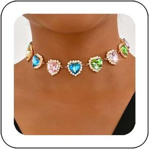 Fashey Rhinestone Choker Necklaces Colorful Crystal Necklace Heart Choker Necklace Jewelry for Women