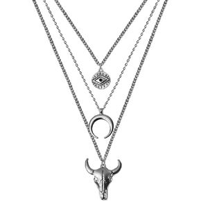 Boho Layered Necklace for Women Cowboy Cowgirls Western Necklaces Evil Eye Bull Head Necklace Multi-Layer Necklace Women's Western Jewellery (Silver)