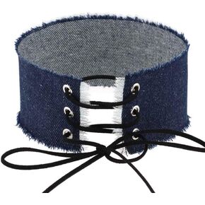 Adjustable Women Wide Denim Choker Necklace Handmade Costume Cosplay Nightclub Punk Neck Collar Choker