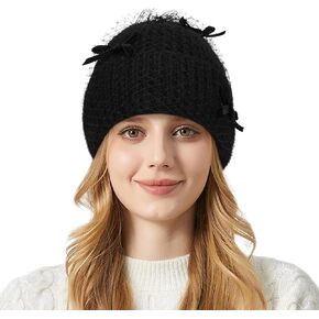 Winter Knit Beanie Hat for Women Warm Knit Cuffed Skull Caps with Veil Bowknot Soft Warm Ski Hat