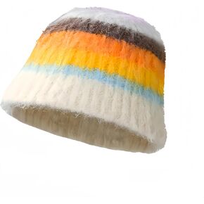 Fuzzy Striped Mohair Beanie Hat, Crochet Knitted Beanie for Women, Y2K Multicolored Stripes, Reversible Furry Beanie for Men