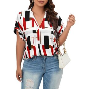 OYOANGLE Women's Plus Size Blouses Summer Casual Print Short Sleeve V Neck Office Shirt Tops