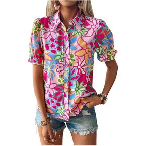 SweatyRocks Women's Floral Print Button Down Blouse Ruffle Short Puff Sleeve Boho Tops