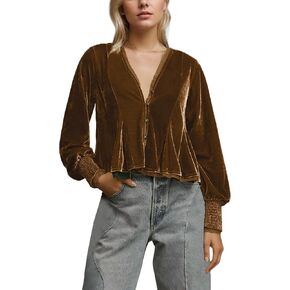 Sexy Deep V Neck Velvet Tops for Women Flowy Long Sleeve Velour Button Down Shirts Solid Ruffle Hem Crop Babydoll Top