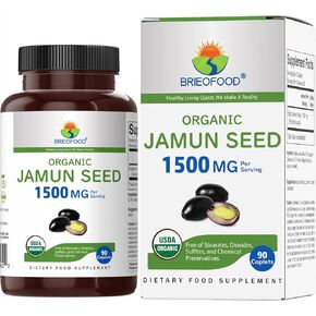 Brieofood Organic Jamun Seed 1500mg, 45 Servings, Vegetarian, Gluten Free, 90 Vegetarian Tablets