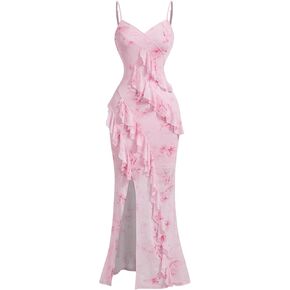 Verdusa Women's Floral Ruffle Split Thigh Long Cami Dress Bodycon Sleeveless Fishtail Dress