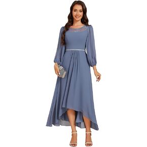 Ever-Pretty Women's Fall Long Sleeve Lace Round Neck Chiffon High Low Midi Length Semi Formal Dresses 02256