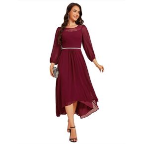 Ever-Pretty Women's Fall Long Sleeve Lace Round Neck Chiffon High Low Midi Length Semi Formal Dresses 02256