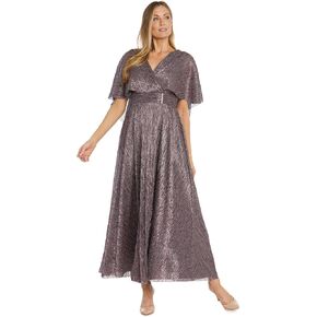 R&M Richards Long Metallic Pleated Capelet Dress W/Mock Surplus Ruched Waist & Rhinestone Details
