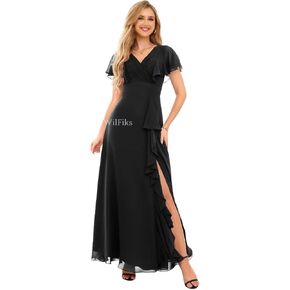 Ruffle V Neck Bridesmaid Dresses for Women Long Ruched Chiffon Formal Wedding Guest Dress Evening Gowns with Slit