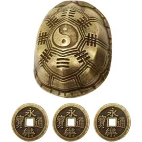 Chinese Feng Shui Coins, Divination Turtle Shell Good Luck Fortune Coin Turtle Statue Brass I- Ching Coins for Health Wealth Divination Prop