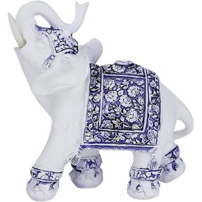 Jiawu Golden Polyresin Elephant Statue Sculpture Trunk Wealth Lucky Collectible Figurine Gift Home Decor Feng Shui Ornament Elephant Decor Elephant Statue(Blue and White Porcelain L)