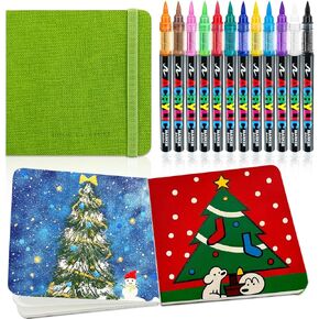 12 Colors Acrylic Paint Pens, Art Set Acrylic Paint Markers Brush Tip with 4.72" x 4.72" Sketchbook, Acrylic Markers for Halloween Pumpkin Painting, Fabric, Canvas, Rock, Glass, Wood, Paper, DIY