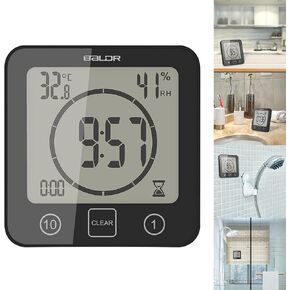 Digital Bathroom Shower Wall Clock Timer, Shower Clock Waterproof with Big LCD Display, Touch Screen Timer, Shower Timer with Suction, Large Countdown Visual Timer Hanging Wall Clock (Black)