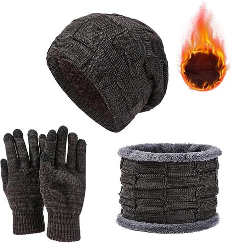 Hat Scarf Gloves Set Men Women 3 in1 Winter Warm Set Elastic Knitted Beanie Hat Neck Scarf and Touch Screen Gloves in Saudi Arabia