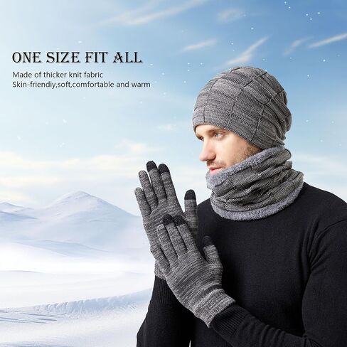 Hat Scarf Gloves Set Men Women 3 in1 Winter Warm Set Elastic Knitted Beanie Hat Neck Scarf and Touch Screen Gloves in Saudi Arabia
