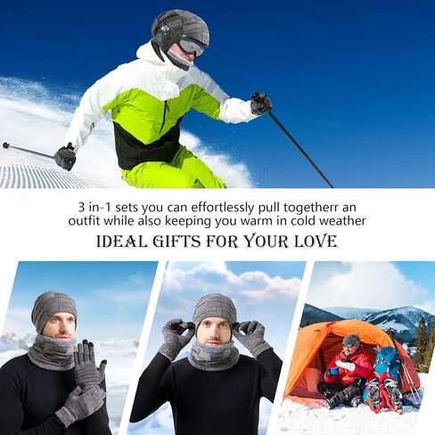 Hat Scarf Gloves Set Men Women 3 in1 Winter Warm Set Elastic Knitted Beanie Hat Neck Scarf and Touch Screen Gloves in Saudi Arabia