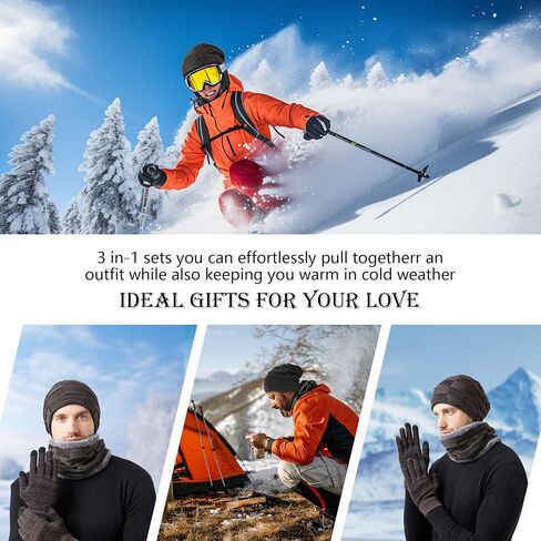 Hat Scarf Gloves Set Men Women 3 in1 Winter Warm Set Elastic Knitted Beanie Hat Neck Scarf and Touch Screen Gloves in Saudi Arabia