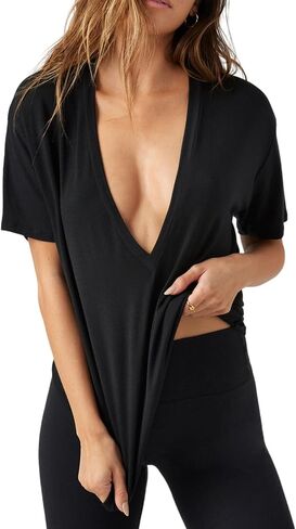 Womens Plunge Deep V Neck T Shirts Summer Casual Short Sleeve Tee Tops in Saudi Arabia
