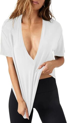 Womens Plunge Deep V Neck T Shirts Summer Casual Short Sleeve Tee Tops in Saudi Arabia