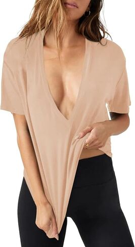 Womens Plunge Deep V Neck T Shirts Summer Casual Short Sleeve Tee Tops in Saudi Arabia