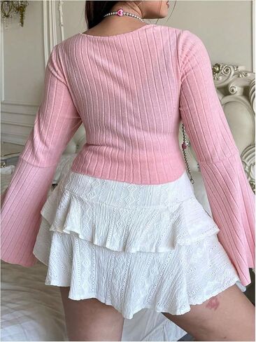 تي شيرت نسائي مقاس كبير من SOLY HUX تي شيرت بأكمام طويلة مكشكش وحاشية غير متماثلة تي شيرت قصير in Saudi Arabia