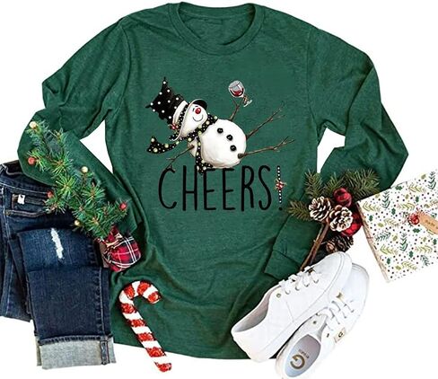 Tipsy Snowman Wine Cheers T-Shirt for Women Christmas Funny Letter Print Long Sleeve Graphic Shirt Tops in Kuwait