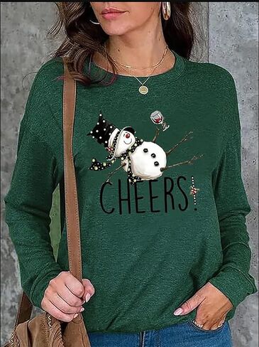 Tipsy Snowman Wine Cheers T-Shirt for Women Christmas Funny Letter Print Long Sleeve Graphic Shirt Tops in Kuwait