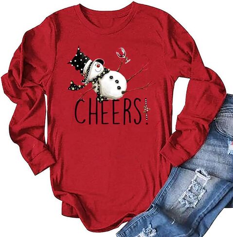 Tipsy Snowman Wine Cheers T-Shirt for Women Christmas Funny Letter Print Long Sleeve Graphic Shirt Tops in Kuwait