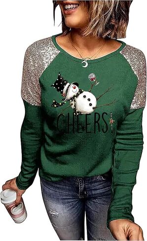 Tipsy Snowman Wine Cheers T-Shirt for Women Christmas Funny Letter Print Long Sleeve Graphic Shirt Tops in Kuwait