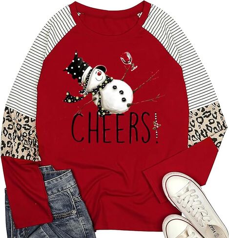 Tipsy Snowman Wine Cheers T-Shirt for Women Christmas Funny Letter Print Long Sleeve Graphic Shirt Tops in Kuwait