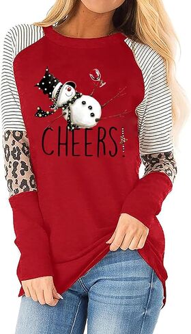Tipsy Snowman Wine Cheers T-Shirt for Women Christmas Funny Letter Print Long Sleeve Graphic Shirt Tops in Kuwait