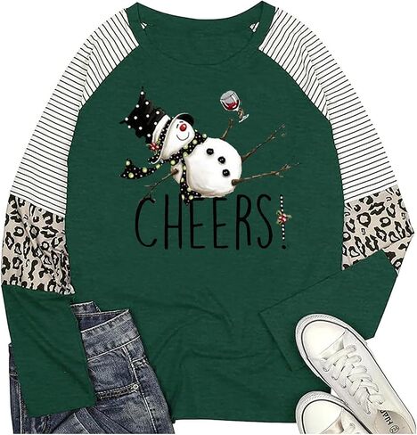 Tipsy Snowman Wine Cheers T-Shirt for Women Christmas Funny Letter Print Long Sleeve Graphic Shirt Tops in Kuwait