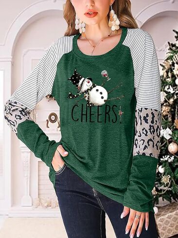 Tipsy Snowman Wine Cheers T-Shirt for Women Christmas Funny Letter Print Long Sleeve Graphic Shirt Tops in Kuwait