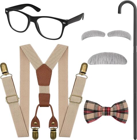 Old Man Costume Accessories, Grandpa Costume Set with Fake Beard Eyebrow Walking Cane Glasses Suspender for Kids Boys Red in Kuwait