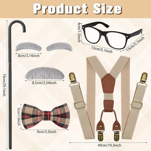 Old Man Costume Accessories, Grandpa Costume Set with Fake Beard Eyebrow Walking Cane Glasses Suspender for Kids Boys Red in Kuwait