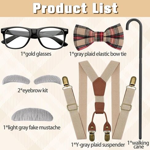 Old Man Costume Accessories, Grandpa Costume Set with Fake Beard Eyebrow Walking Cane Glasses Suspender for Kids Boys Red in Kuwait