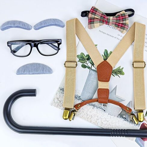 Old Man Costume Accessories, Grandpa Costume Set with Fake Beard Eyebrow Walking Cane Glasses Suspender for Kids Boys Red in Kuwait